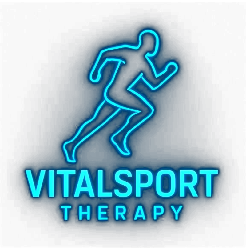 Logo néon VitalSport Therapy : coureur stylisé et wordmark